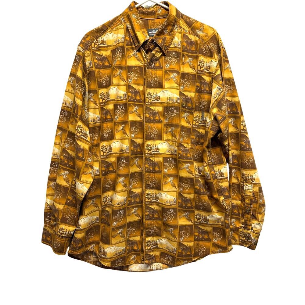 Woolrich Mens Nutmeg Outdoor Woodcut Boxes Cotton Button Down Shirt Brown Large